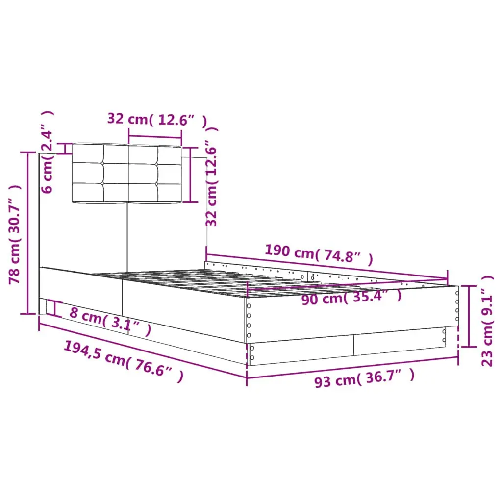 White Bed Frame 90x190 cm with Headboard Engineered Wood Slatted Base