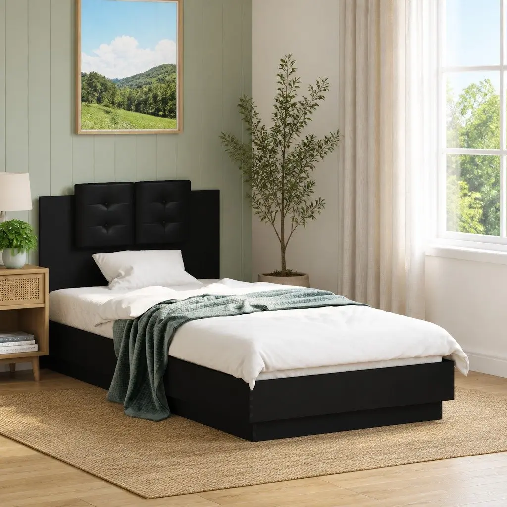 Bed Frame with Headboard Black 90x190 cm Slatted Base Engineered Wood