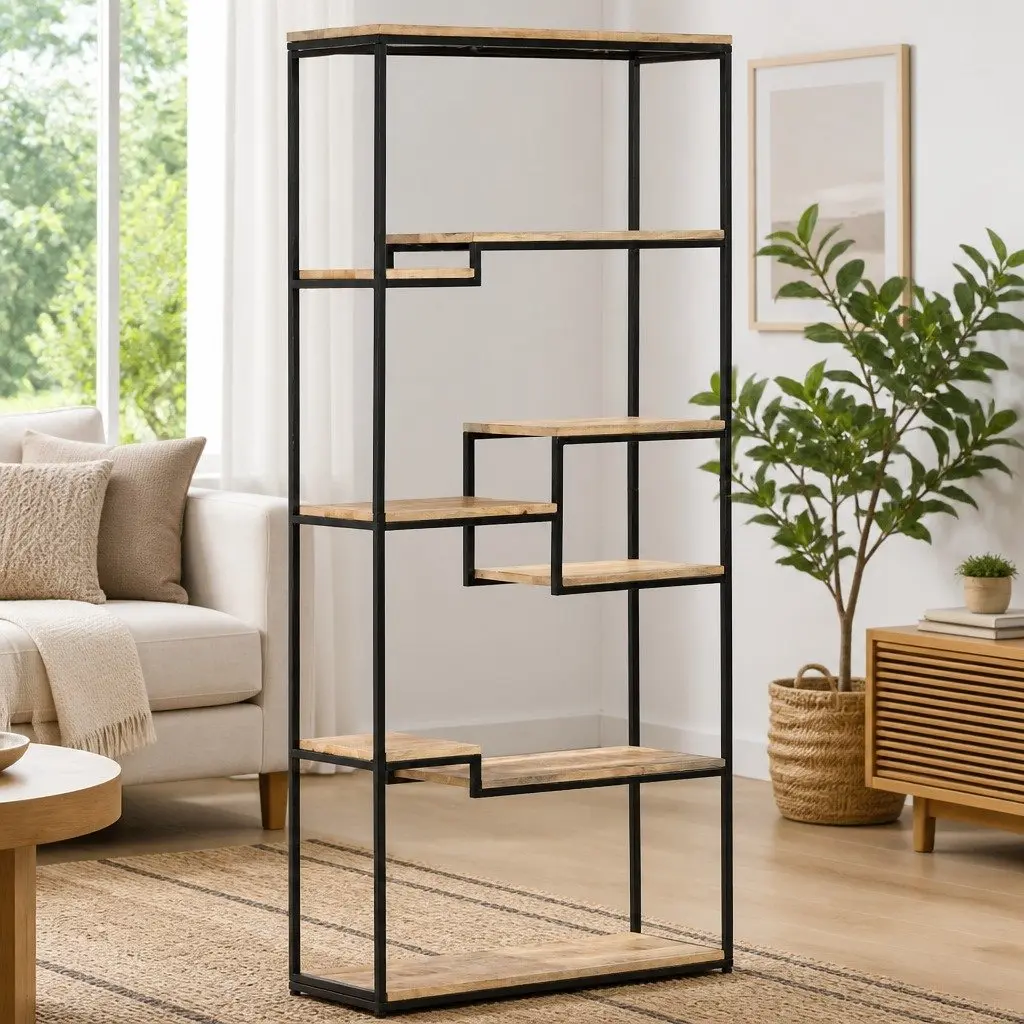 Bookcase Industrial Shelving Storage Unit 80x30x180 cm Brown Rough Mango Wood