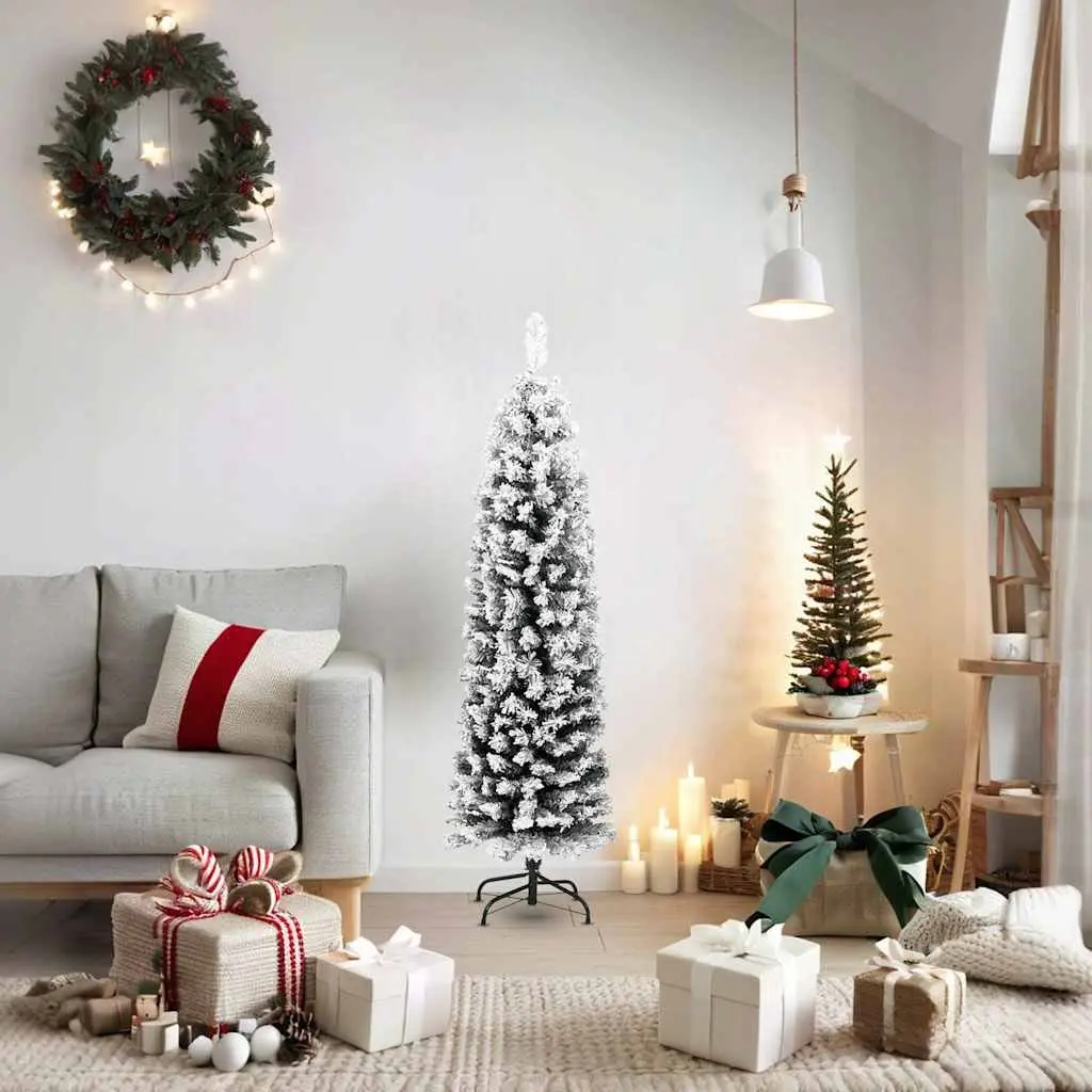 Slim Artificial Christmas Tree 150cm Green Flocked Snow Indoor Outdoor