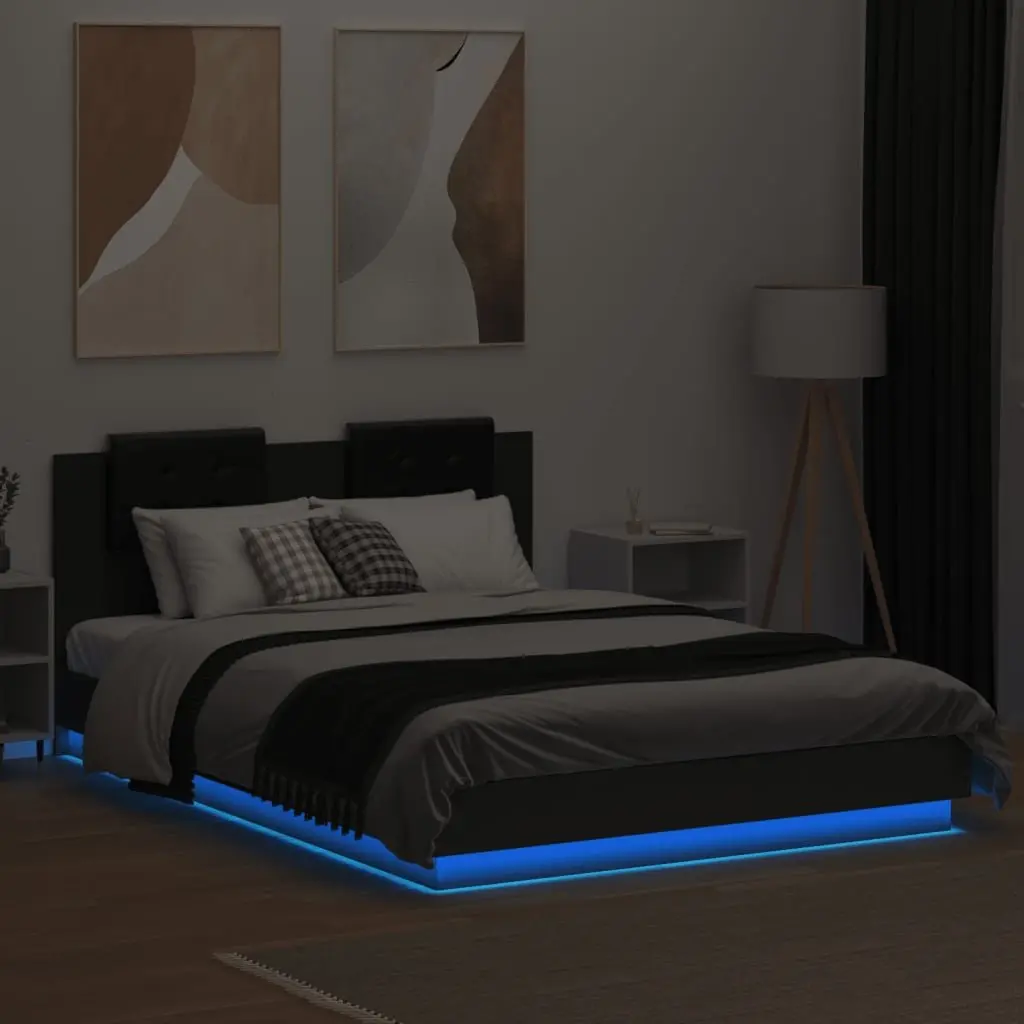 Black Bed Frame with RGB LED Lights Headboard 150x200 cm Bedroom Furniture