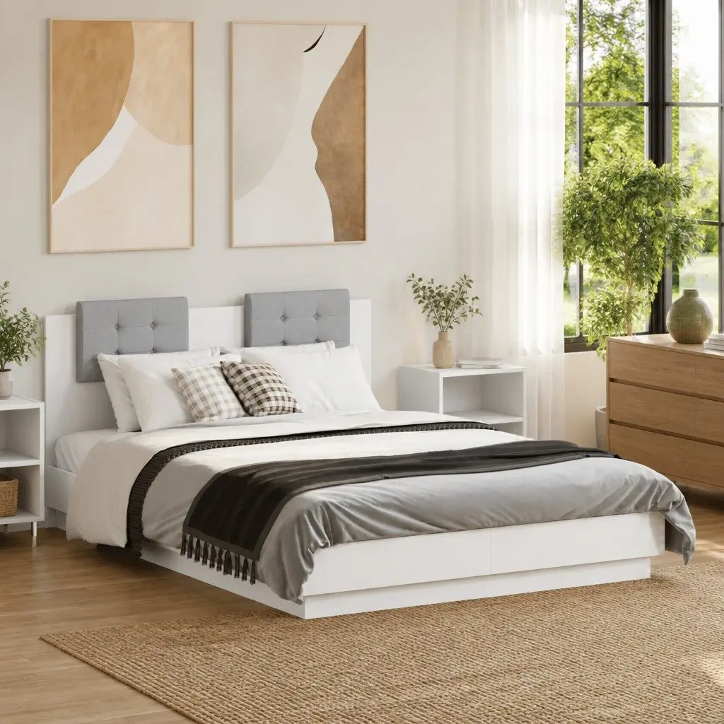 Bed Frame with RGB Lights and Solid Headboard 135x190 cm
