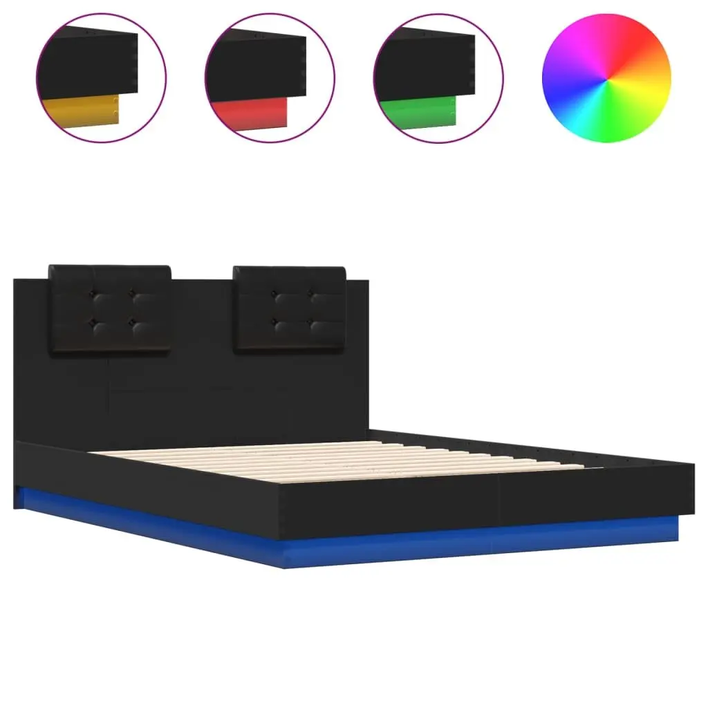 Bed Frame RGB LED Lights Headboard 135x190cm Black Engineered Wood