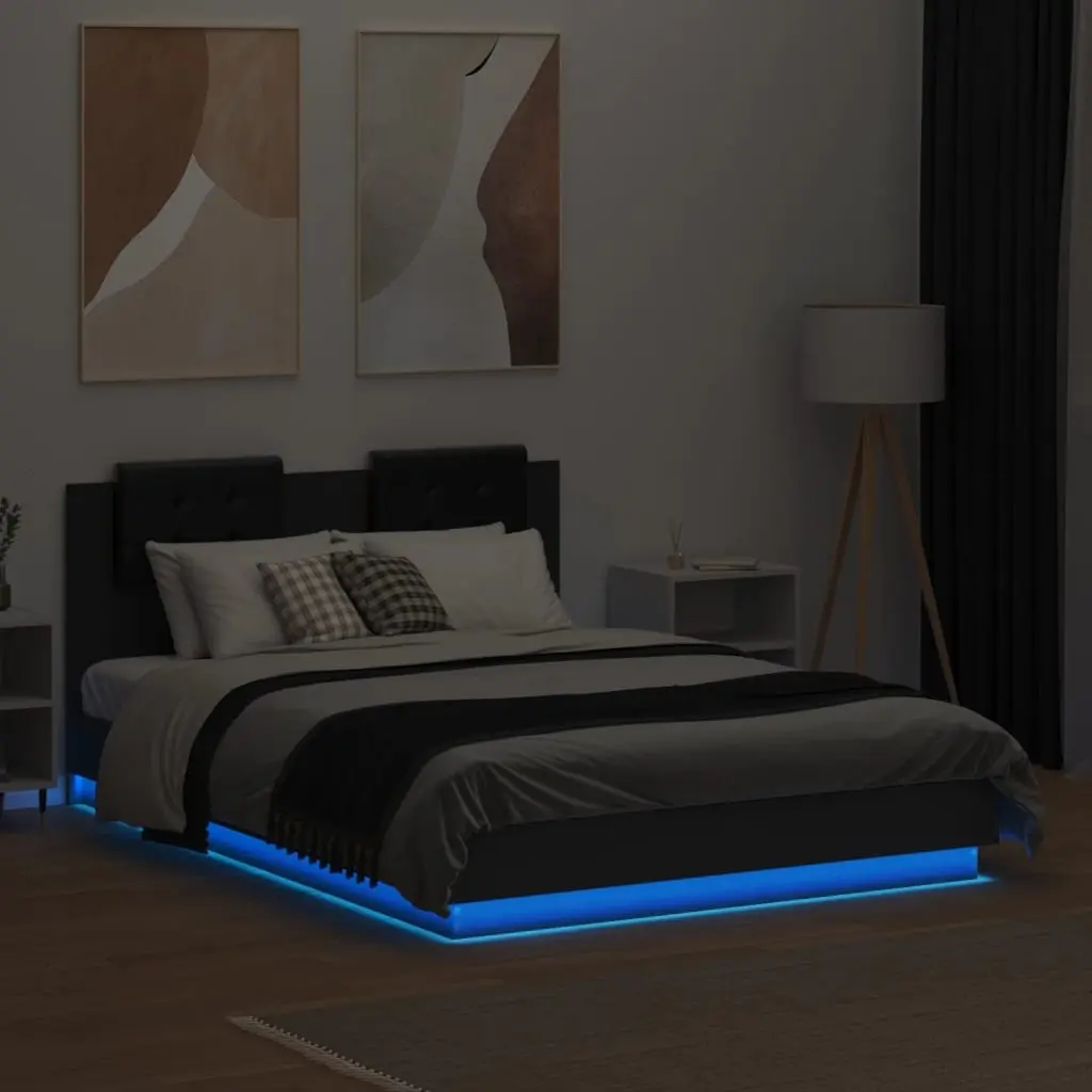 Bed Frame RGB LED Lights Headboard 135x190cm Black Engineered Wood