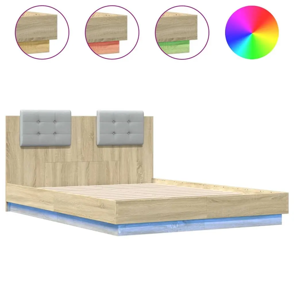 Bed Frame with LED Lights Headboard 135x190cm Brown Engineered Wood Slatted