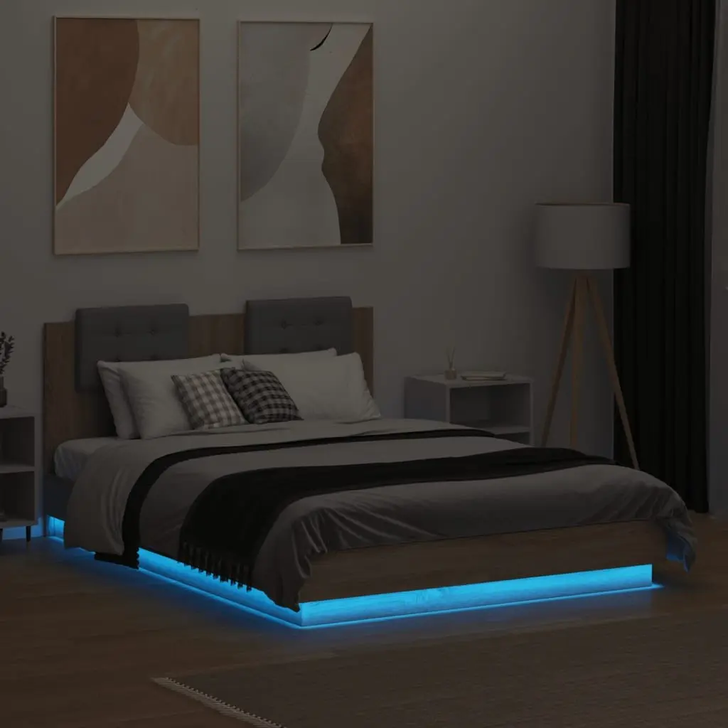 Bed Frame with LED Lights Headboard 135x190cm Brown Engineered Wood Slatted