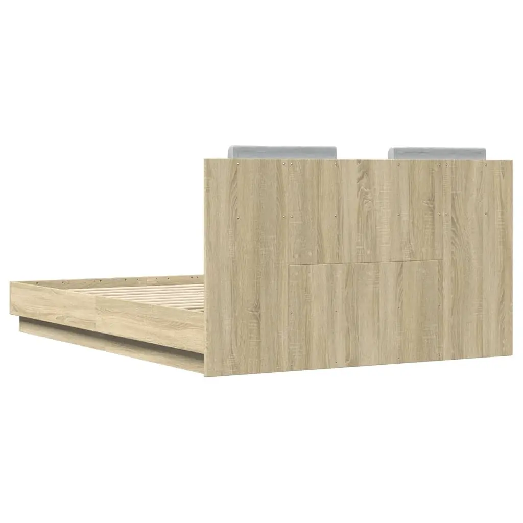 Bed Frame with LED Lights Headboard 135x190cm Brown Engineered Wood Slatted