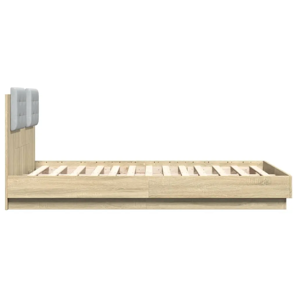 Bed Frame with LED Lights Headboard 135x190cm Brown Engineered Wood Slatted