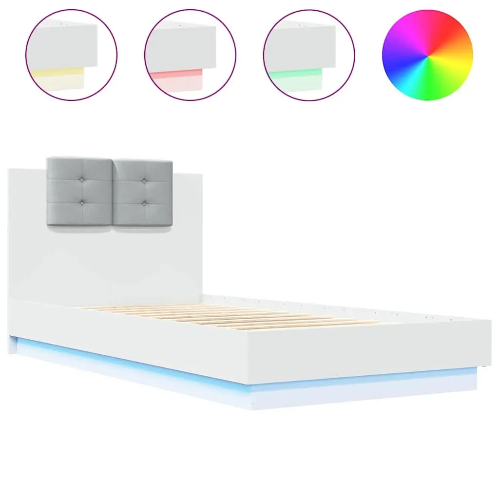 Bed Frame RGB LED Lights Headboard 90x190 cm White Slatted Base