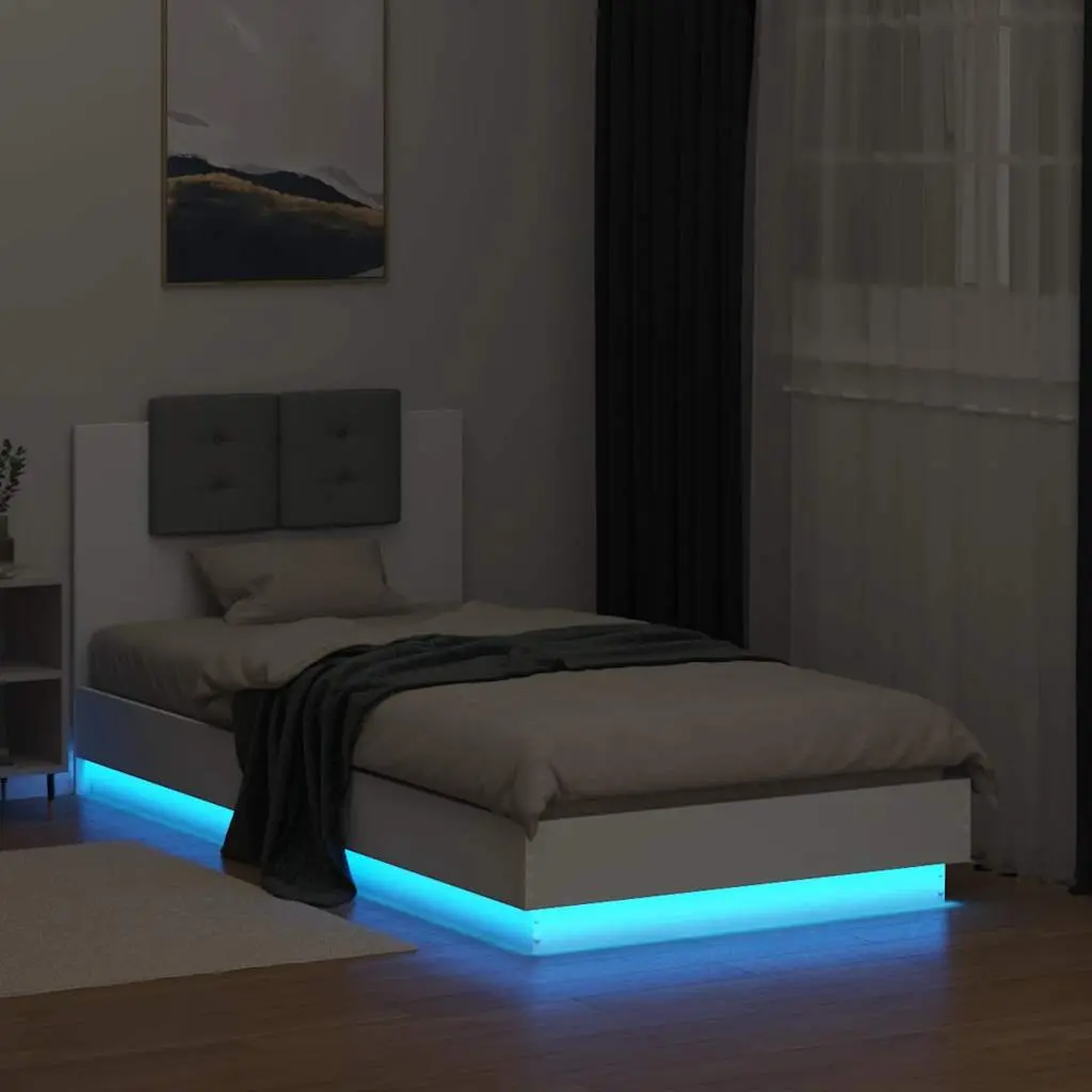 Bed Frame RGB LED Lights Headboard 90x190 cm White Slatted Base