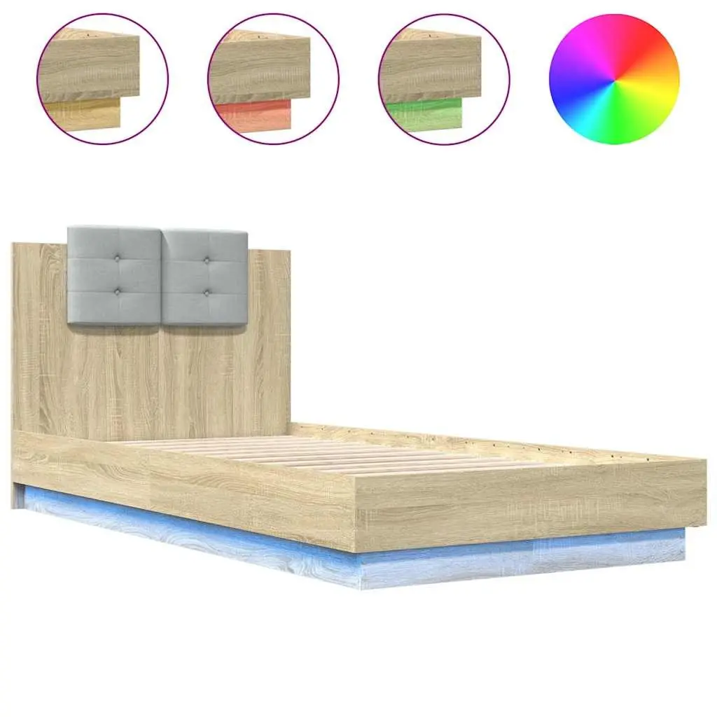Bed Frame Headboard RGB LED Lights 90x190cm Sonoma Oak