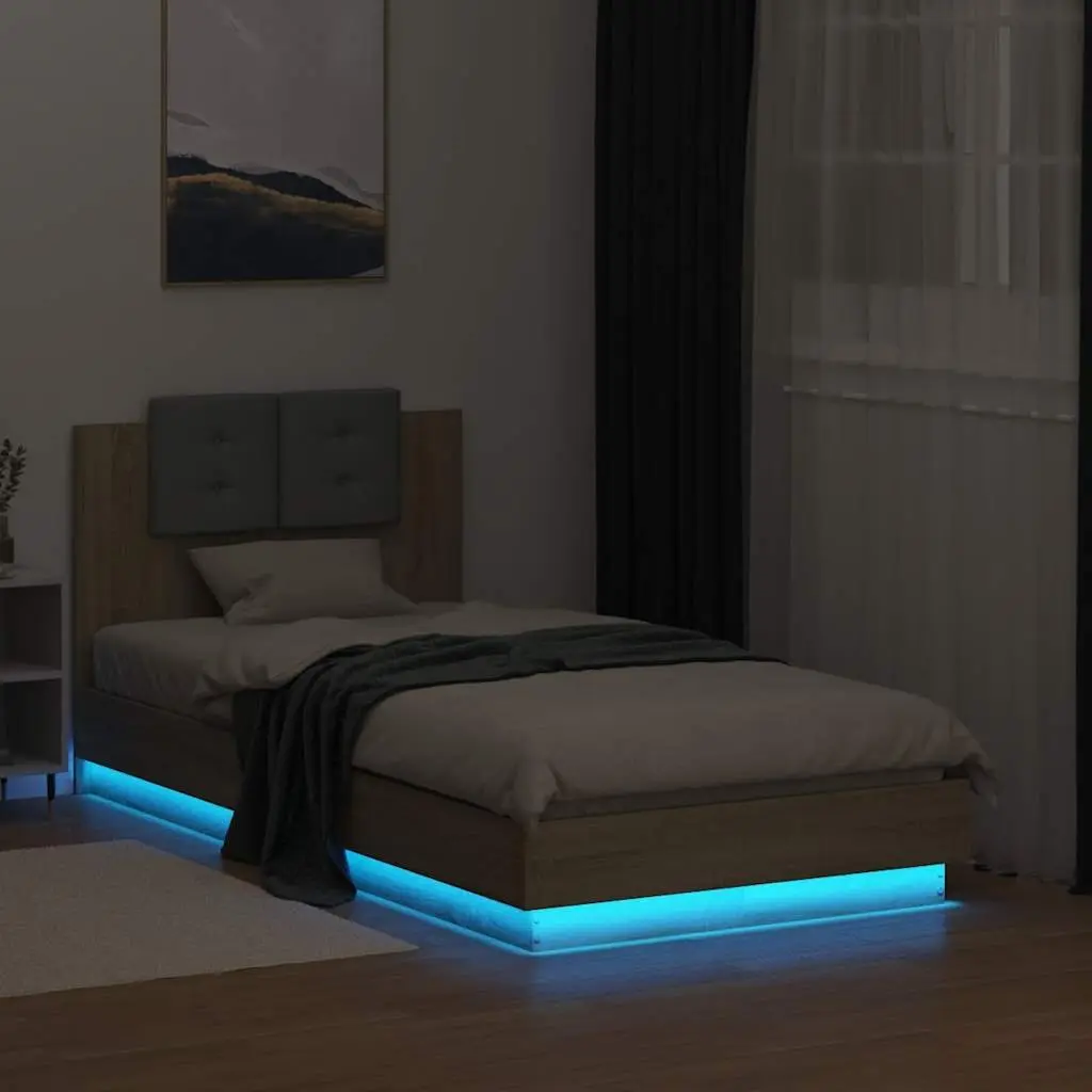 Bed Frame Headboard RGB LED Lights 90x190cm Sonoma Oak