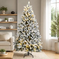Artificial Hinged Christmas Tree 210cm Green White 300 LEDs Flocked Snow 8 Modes