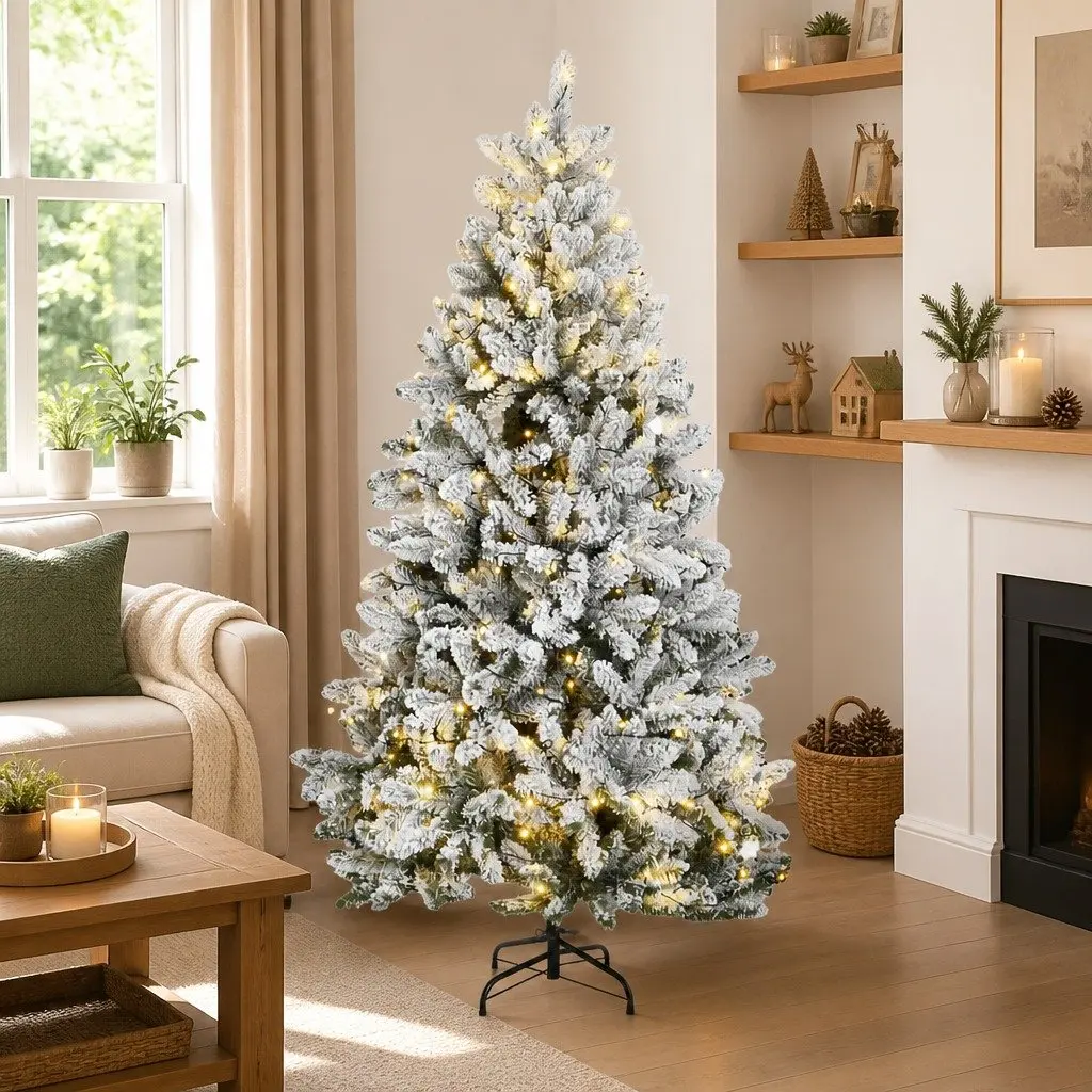Artificial Christmas Tree 240cm Hinged Green with White Flocking 300 LEDs