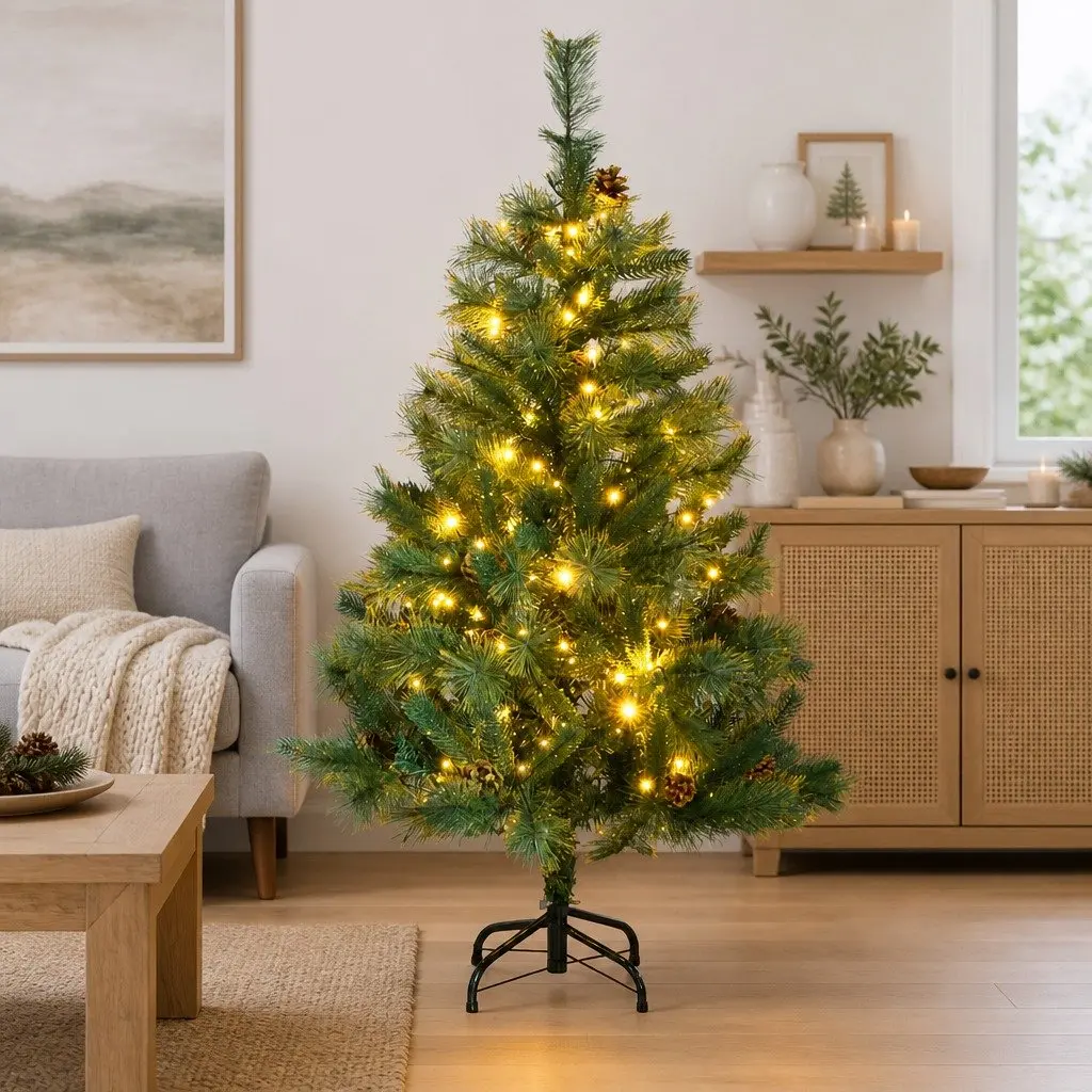 Artificial Christmas Tree 120cm Hinged with 150 LEDs 8 Lighting Modes Holiday Decor