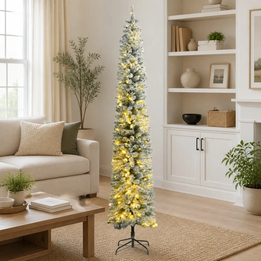 Slim Christmas Tree 270cm Space Saving Green White Flocked Snow 300 LEDs 8 Lighting Modes