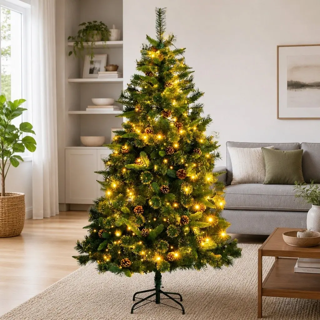 Artificial Christmas Tree 180cm Hinged with 300 LEDs 8 Lighting Modes Holiday Decor