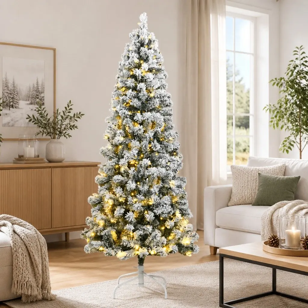 Artificial Hinged Christmas Tree 180cm Green Flocked Snow with 300 LEDs