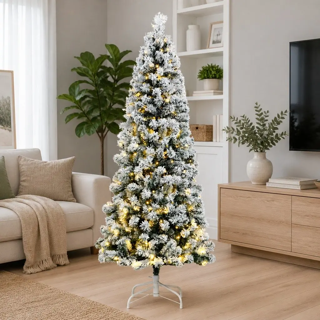 Artificial Christmas Tree 210cm Flocked Snow Green 300 LEDs 8 Lighting Modes
