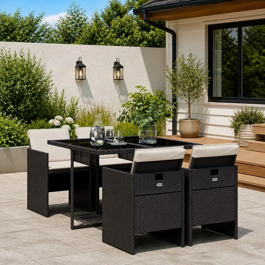 Outdoor Dining Set Black Poly Rattan Chairs Tempered Glass Table 5 Piece