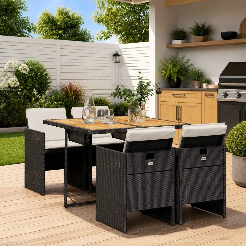 5 Piece Garden Dining Set Outdoor Dining Poly Rattan Black with Cushions