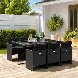 7 Piece Garden Dining Set Outdoor Patio Furniture Black Poly Rattan Chairs Table