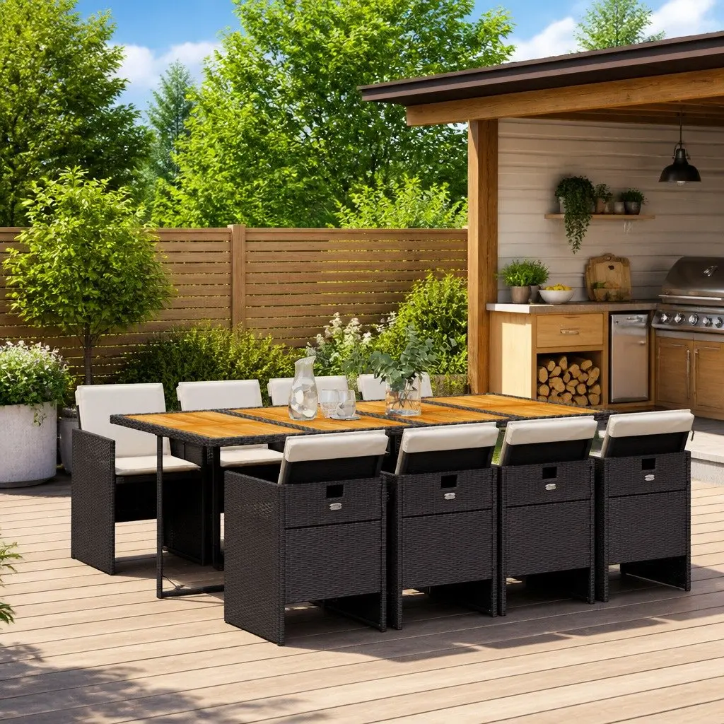 Garden Dining Set 9 Piece Outdoor Furniture Black PE Rattan Chairs Table Patio
