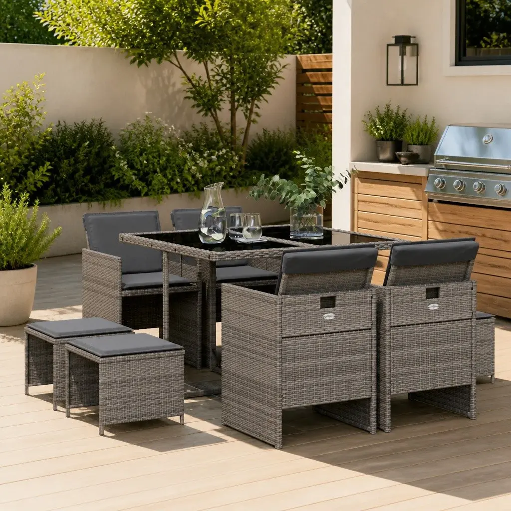 9 Piece Outdoor Dining Set Grey Poly Rattan Chairs Table