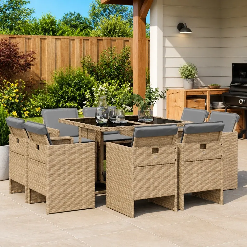 9 Piece Outdoor Garden Dining Set Patio Furniture Poly Rattan Beige with Tempered Glass Table and Padded Seating