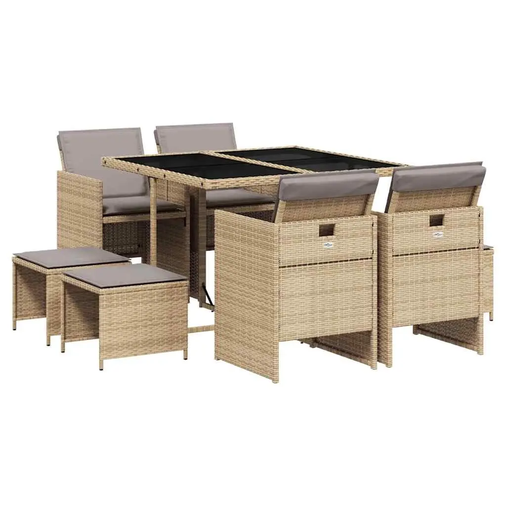 9 Piece Outdoor Garden Dining Set Patio Furniture Poly Rattan Beige with Tempered Glass Table and Padded Seating