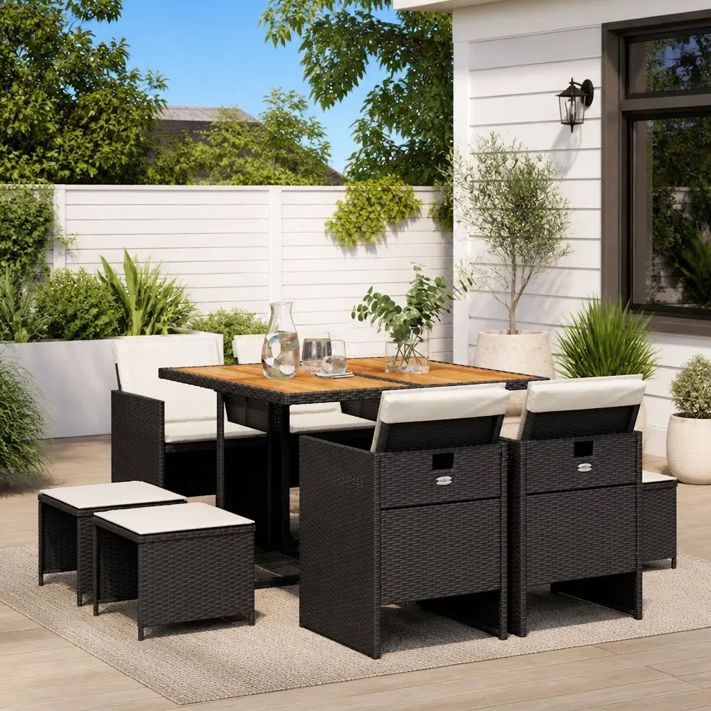 9 Piece Outdoor Dining Set Garden Patio Furniture Black Poly Rattan Chairs Table