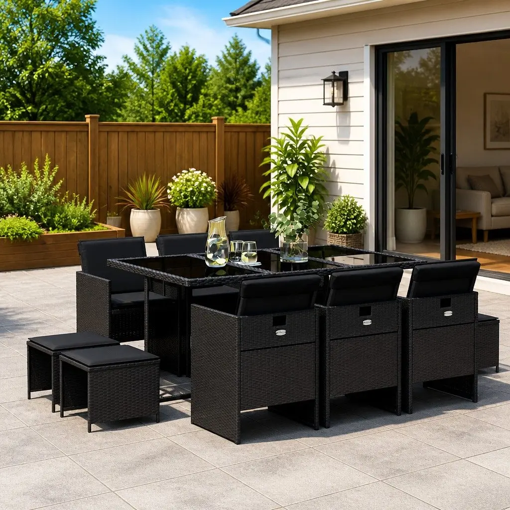 11 Piece Outdoor Garden Dining Set with Cushions Black Poly Rattan Table Chairs