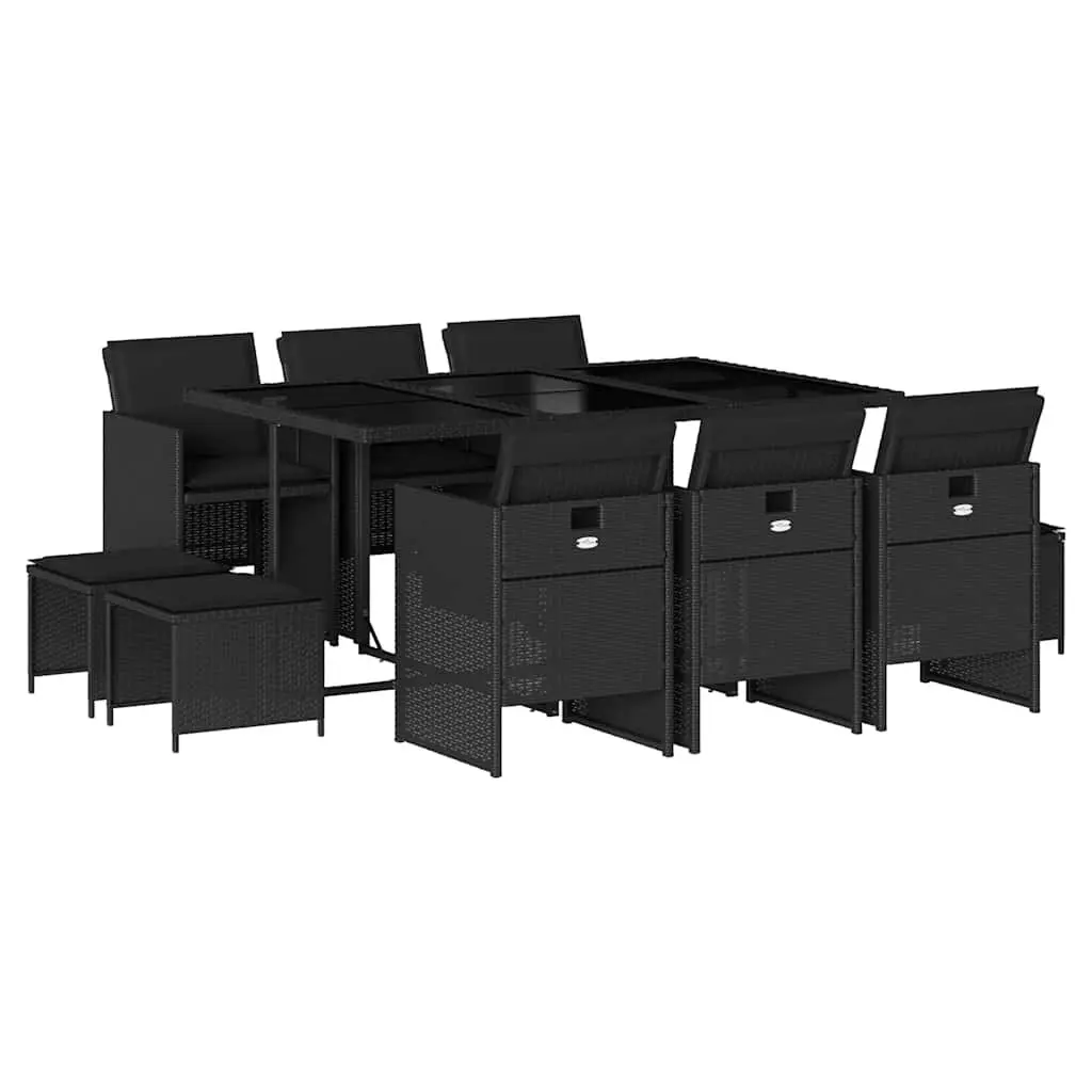 11 Piece Outdoor Garden Dining Set with Cushions Black Poly Rattan Table Chairs