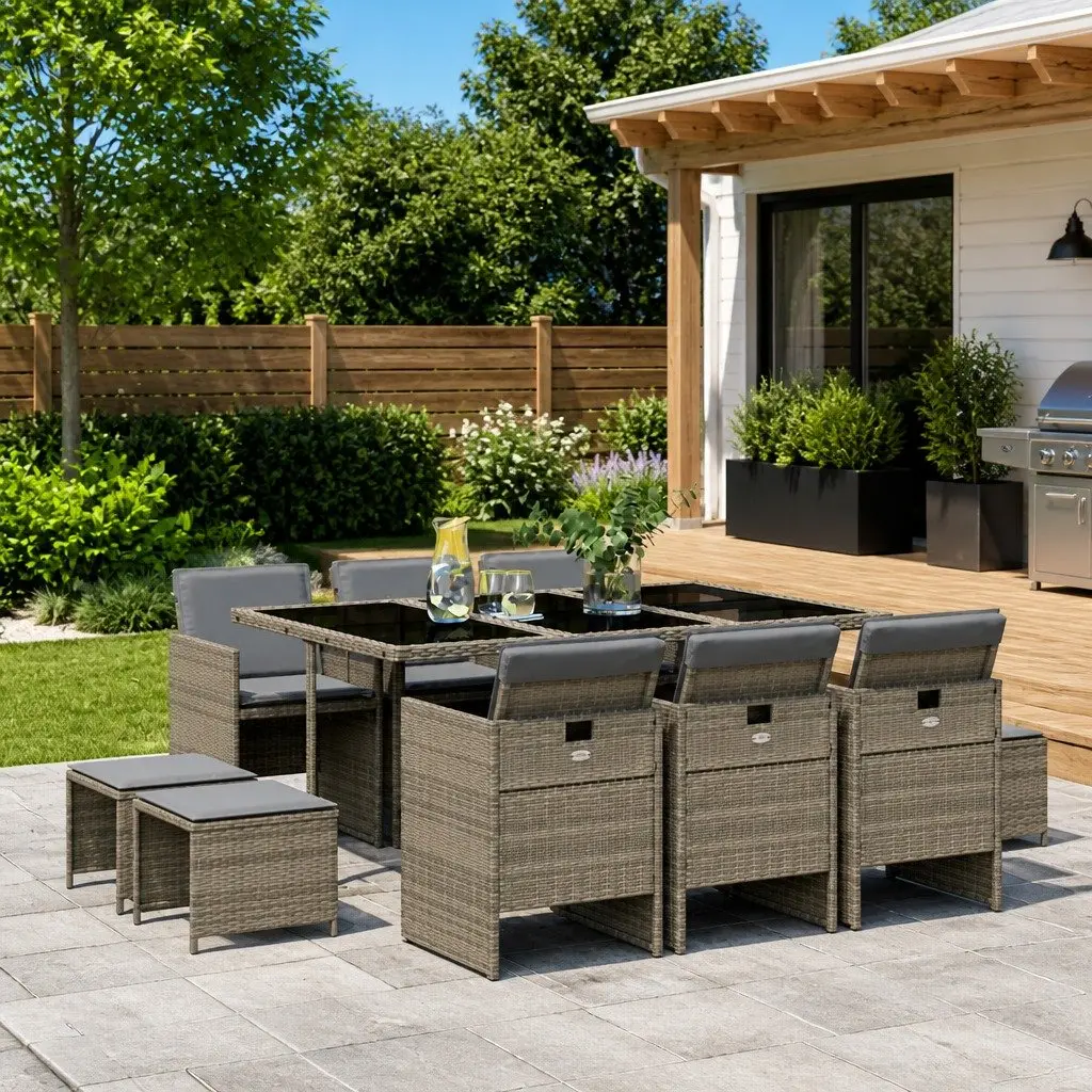 Outdoor Garden Dining Set 11 Piece Grey PE Rattan Table with Cushions