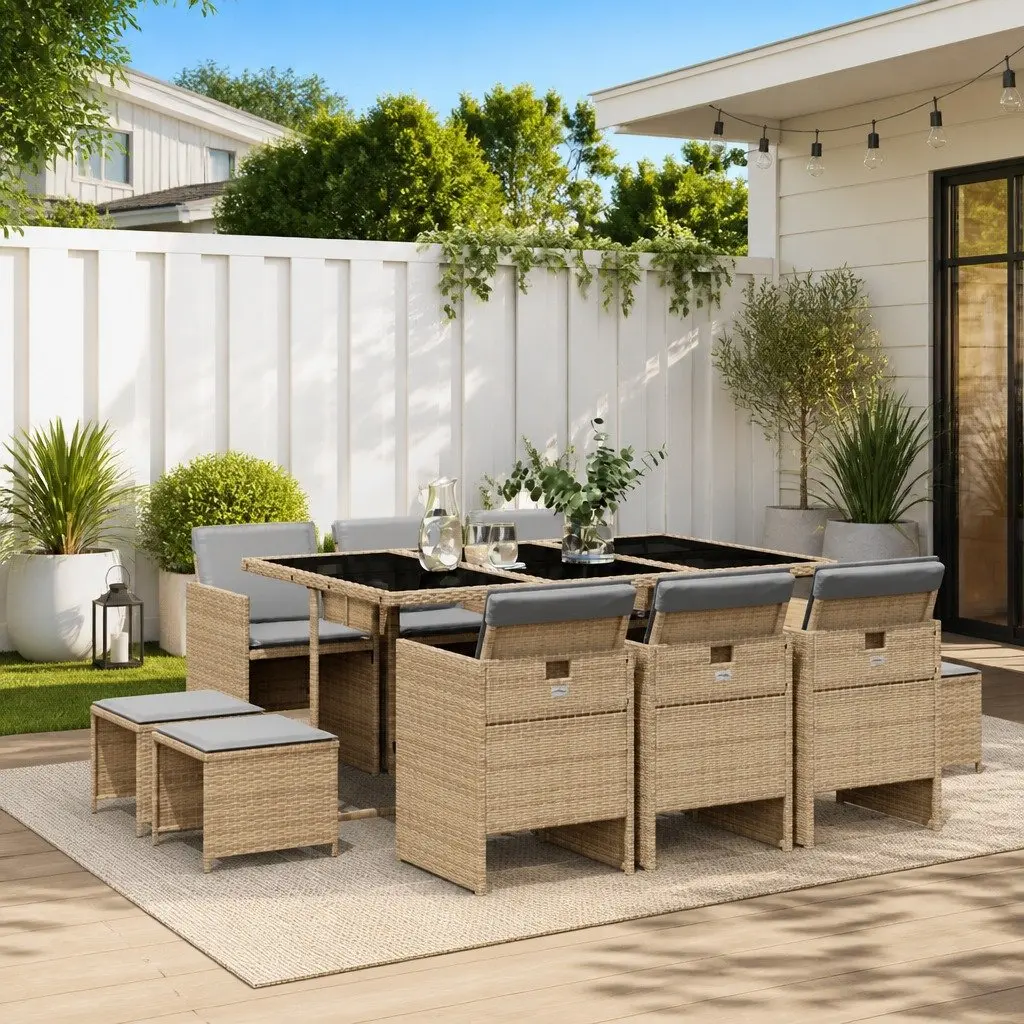 Outdoor Furniture Dining Set 11 Piece Beige Poly Rattan Table and Chairs with Cushions for Garden and Patio