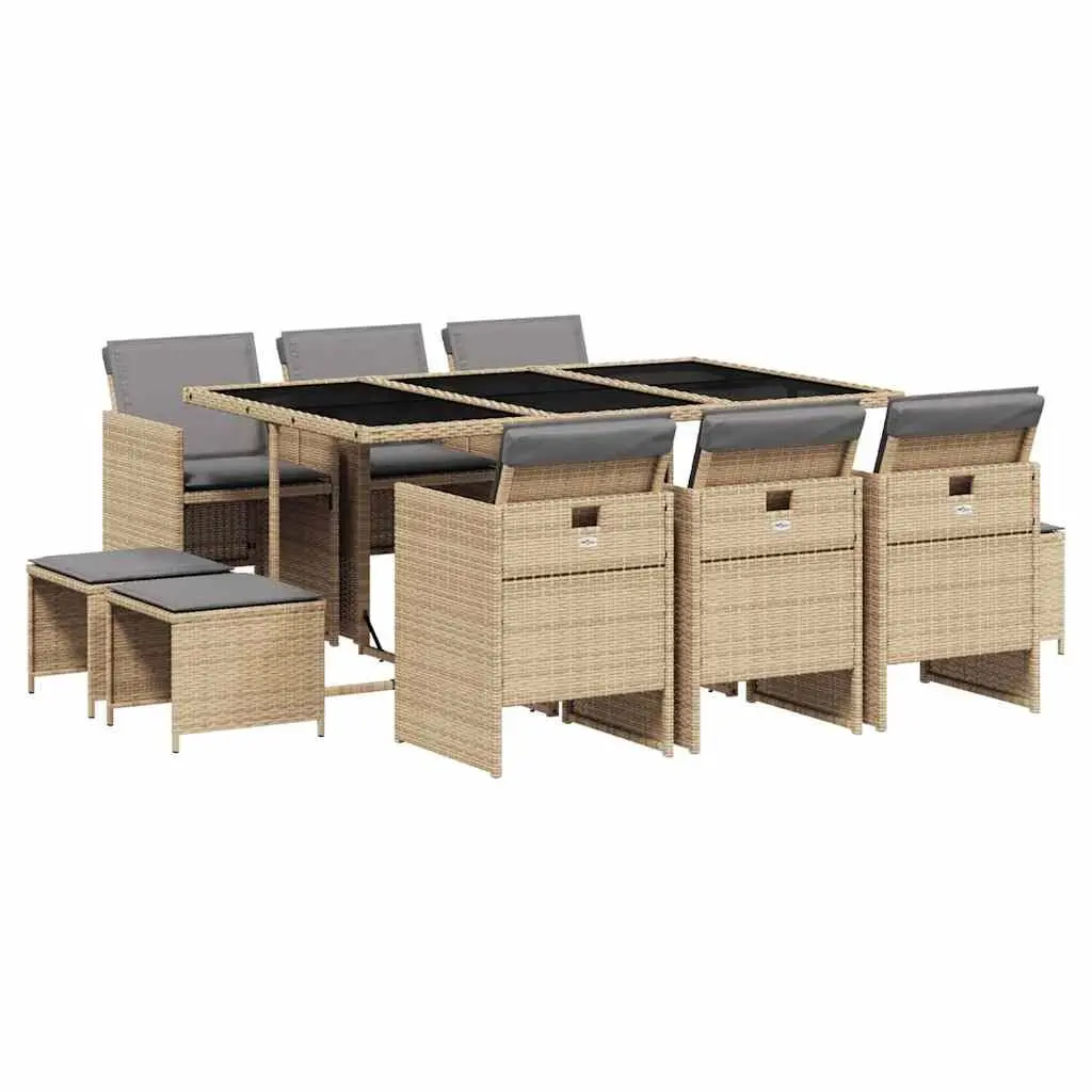 Outdoor Furniture Dining Set 11 Piece Beige Poly Rattan Table and Chairs with Cushions for Garden and Patio