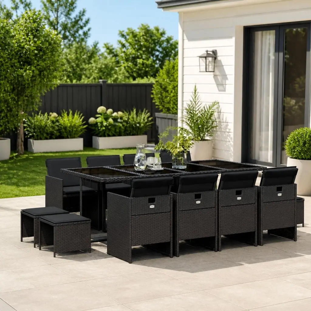 13 Piece Outdoor Dining Set Garden Furniture Black Poly Rattan with Cushions