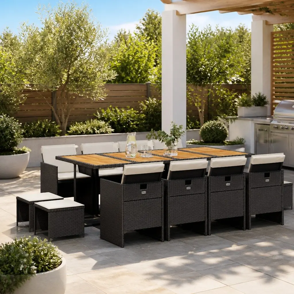 Garden Dining Set Black PE Rattan 13 Piece Table Chairs Stools Cushions Outdoor Patio