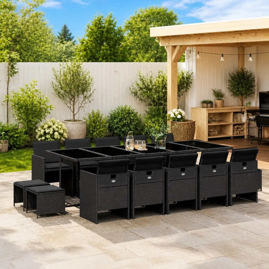 Outdoor Furniture Set 15 Piece Dining Garden Patio Black PE Rattan