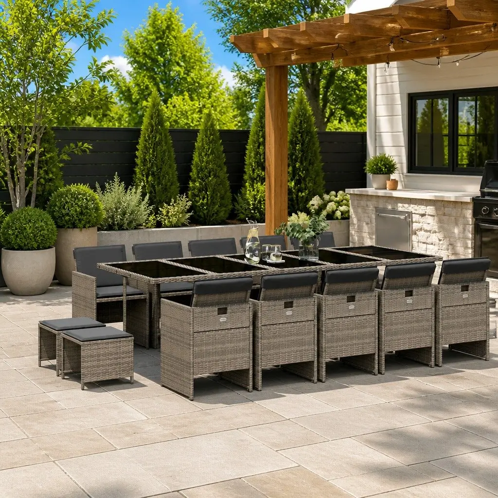 Garden Dining Set 15 Piece Outdoor Furniture Grey Poly Rattan with Cushions