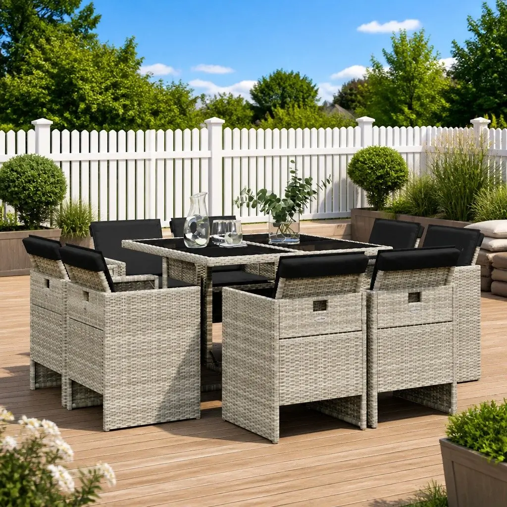 9 Piece Garden Dining Set Outdoor Furniture Patio Table Chairs Grey Poly Rattan