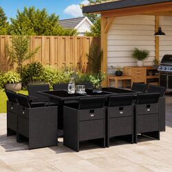 11 Piece Outdoor Garden Dining Set Black Poly Rattan Chairs Table Cushions