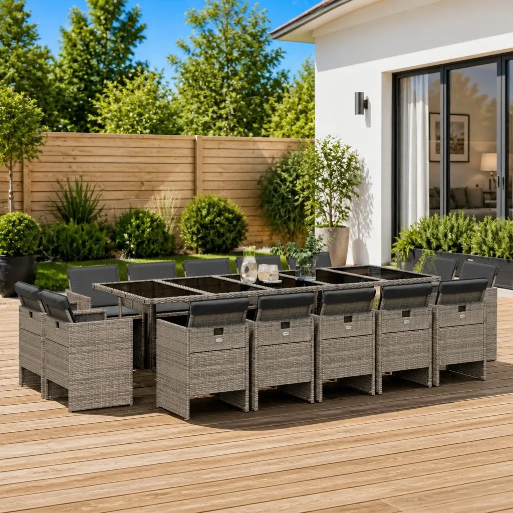 Garden Dining Set 15 Piece Outdoor Furniture Grey Poly Rattan with Cushions