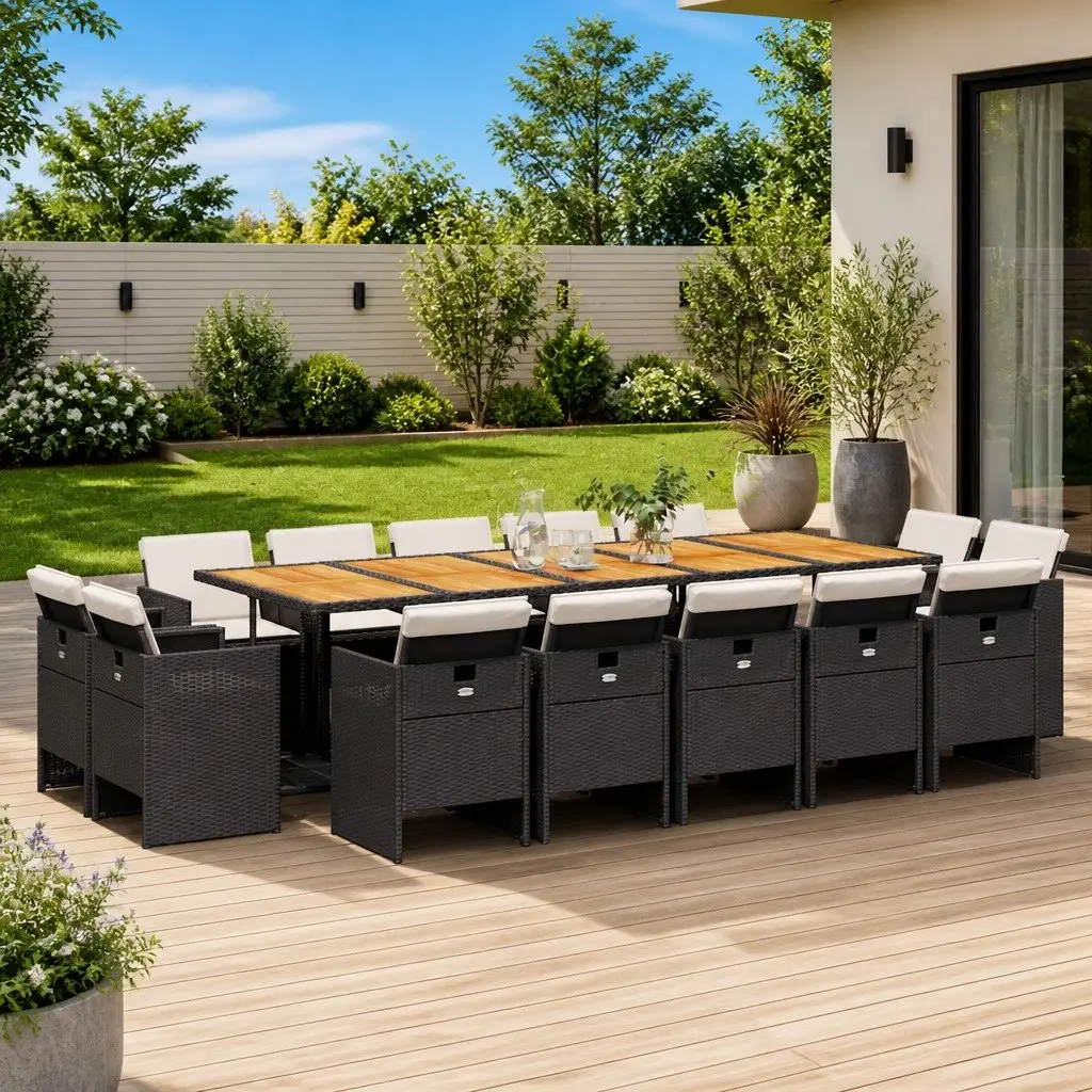 Garden Dining Set 15 Piece Outdoor Furniture Black Rattan Chairs Table Cushions