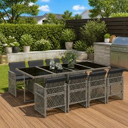 Practical and Affordable 9 Piece Garden Dining Set in Grey Poly Rattan