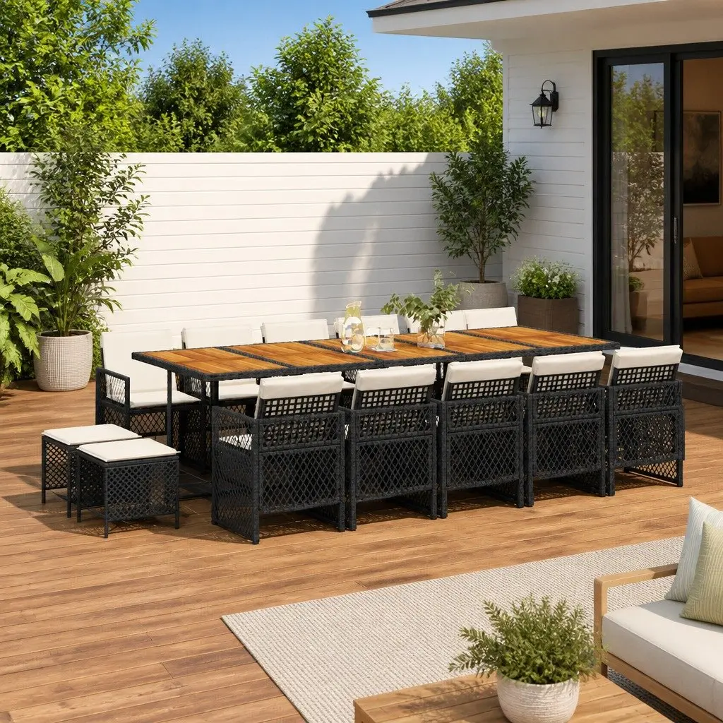 15 Piece Outdoor Garden Dining Set Black Poly Rattan Table Chairs Cushions