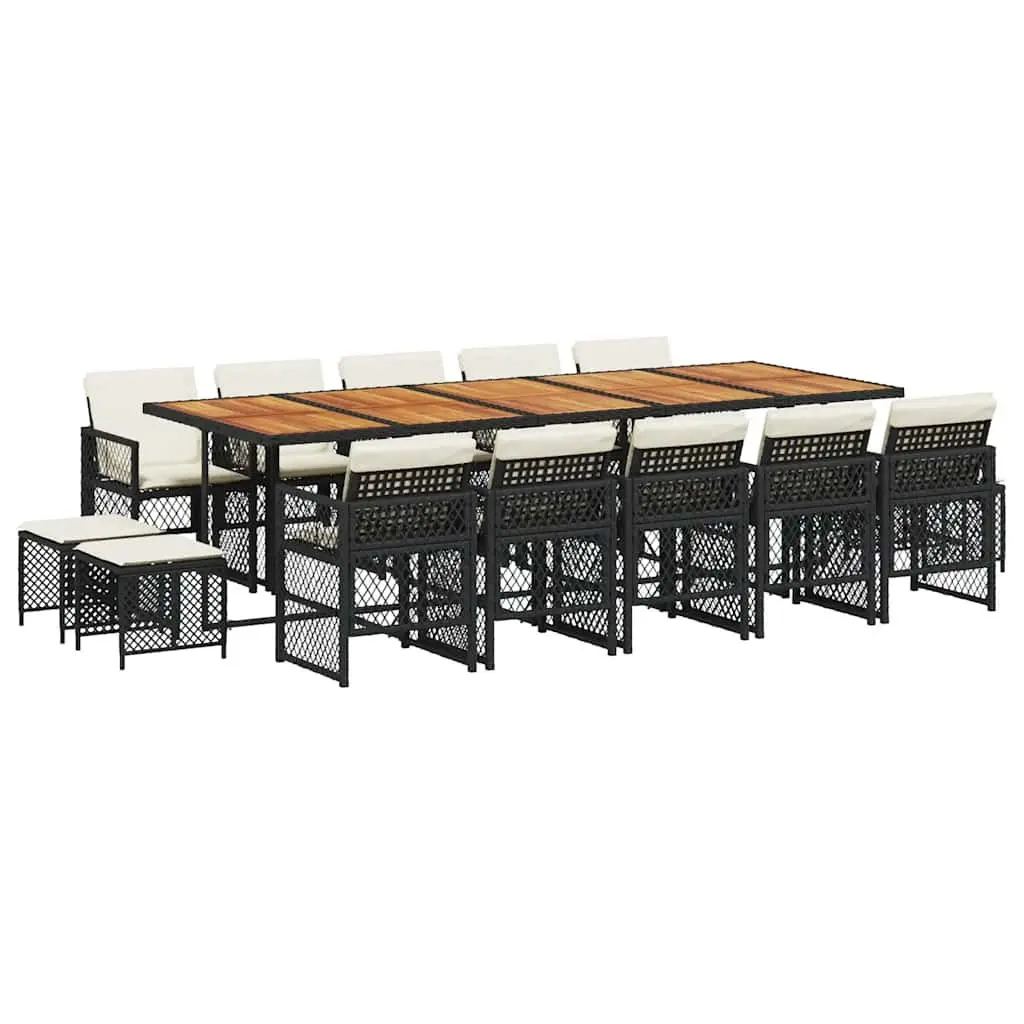 15 Piece Outdoor Garden Dining Set Black Poly Rattan Table Chairs Cushions