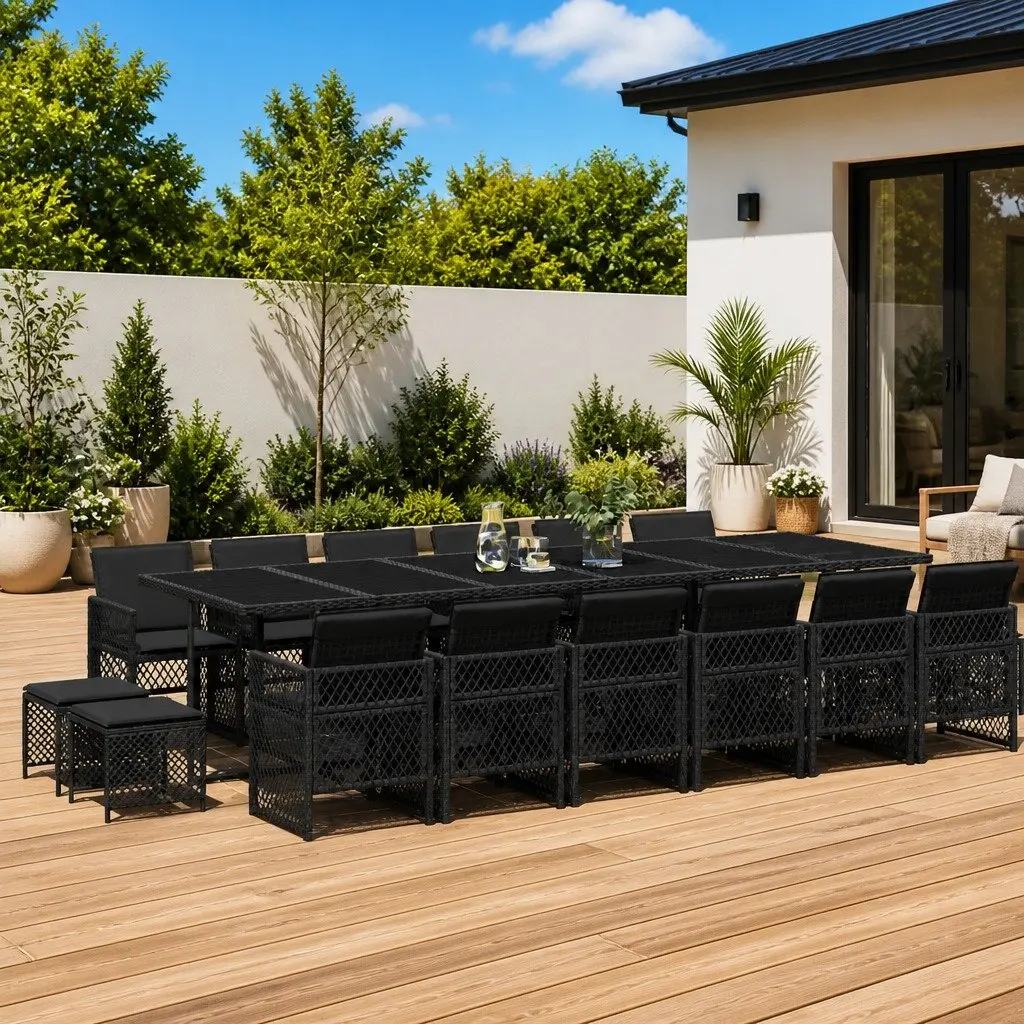 Outdoor Garden Dining Set 17 Piece Black Poly Rattan Patio Furniture with