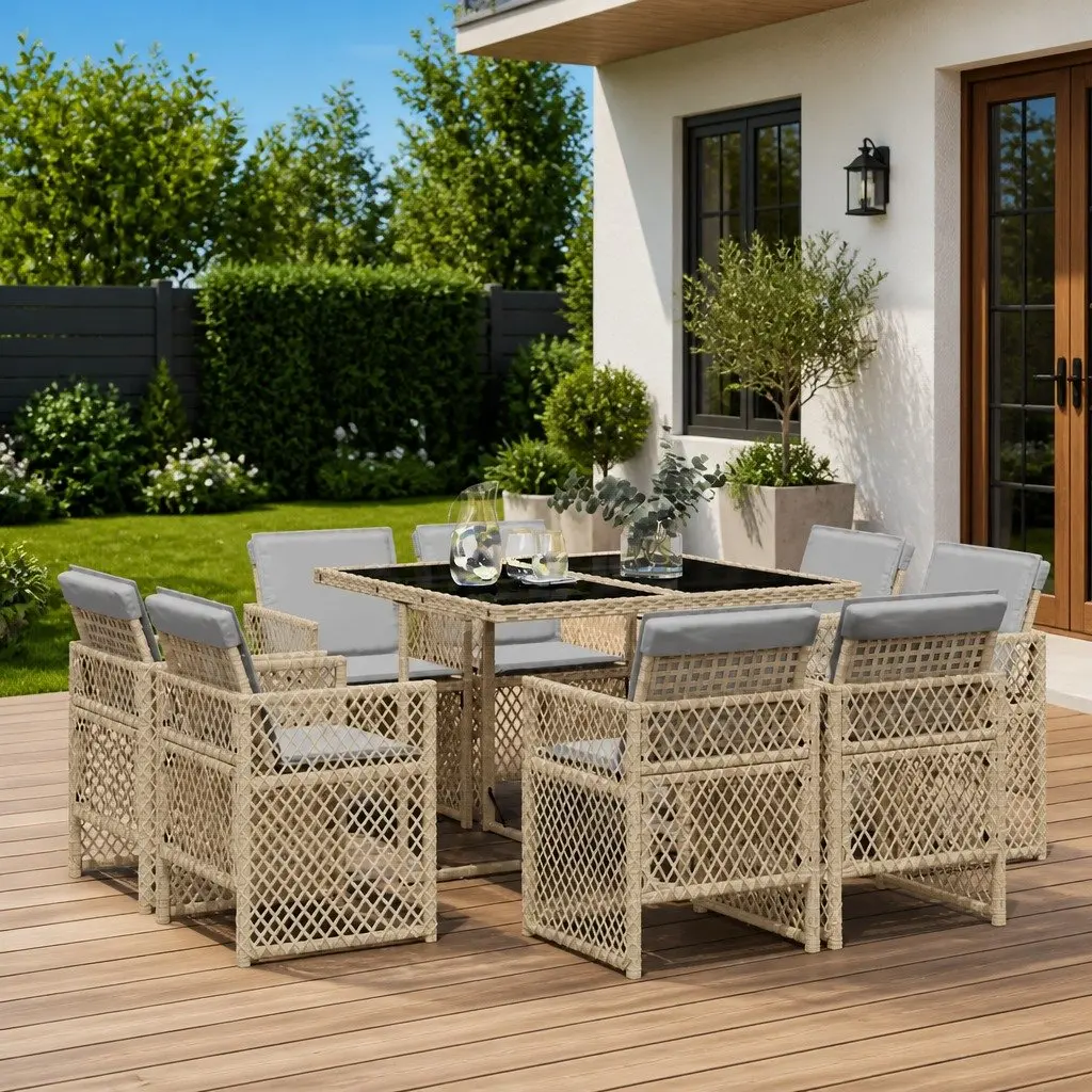 9 Piece Outdoor Dining Set Beige Poly Rattan Garden Furniture