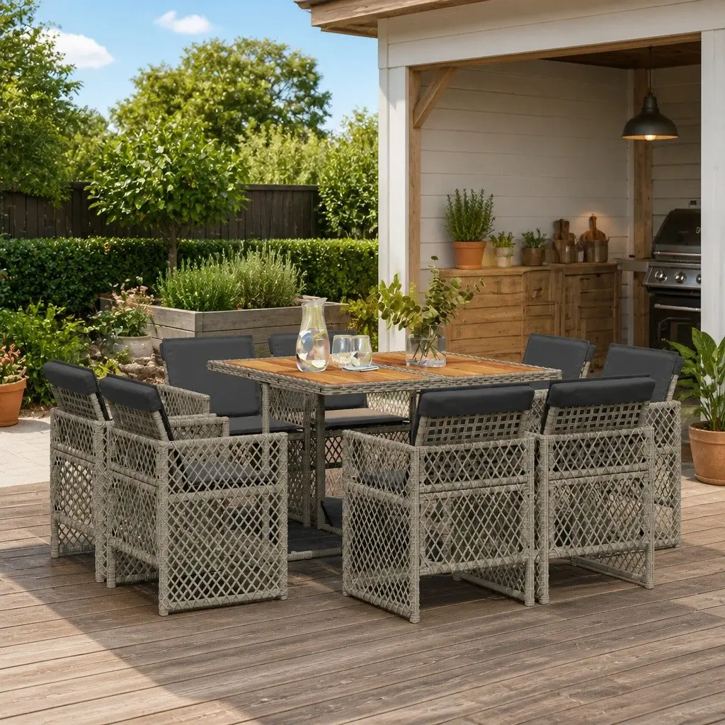 9 Piece Garden Dining Set Outdoor Furniture Grey Poly Rattan Table Chairs